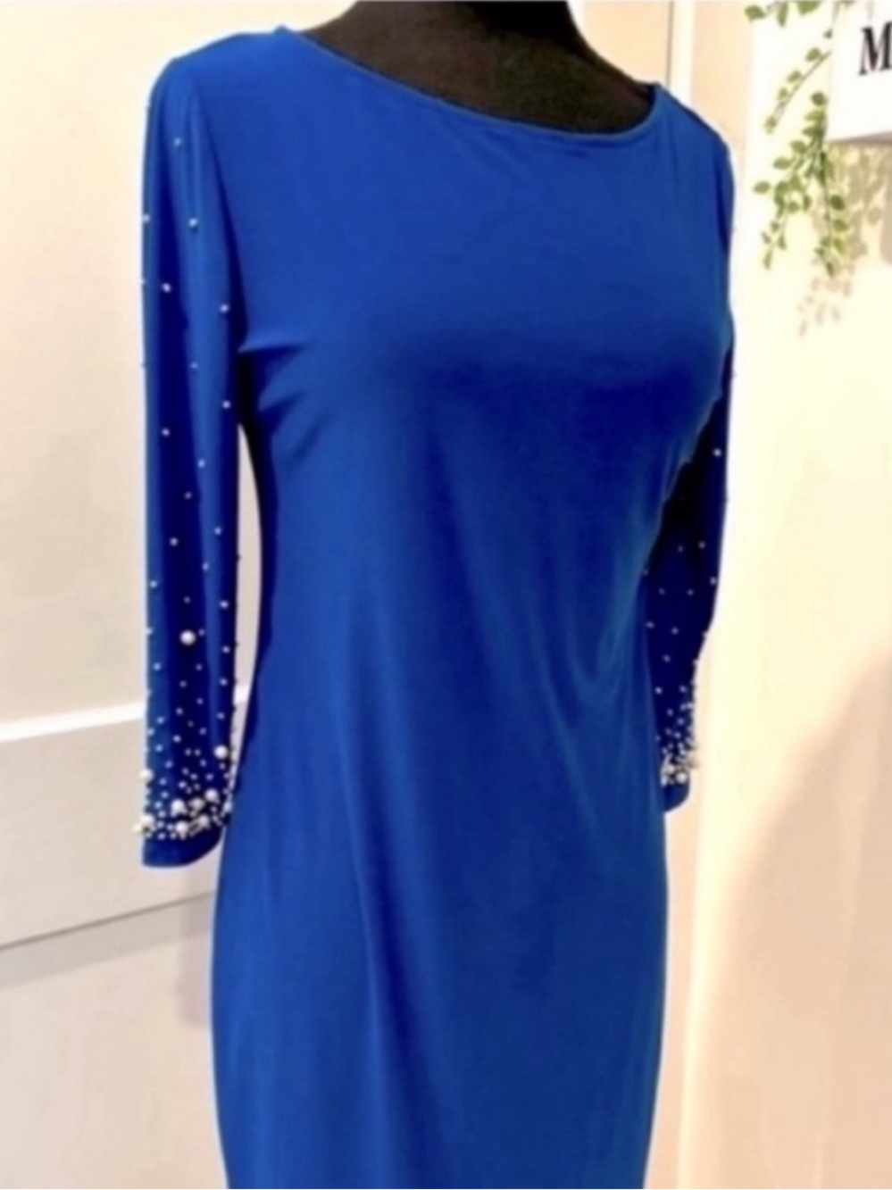 Nik & Nash NEW Long Sleeve Sheath Dress Royal Blue Pearl Rhinestone Womens S